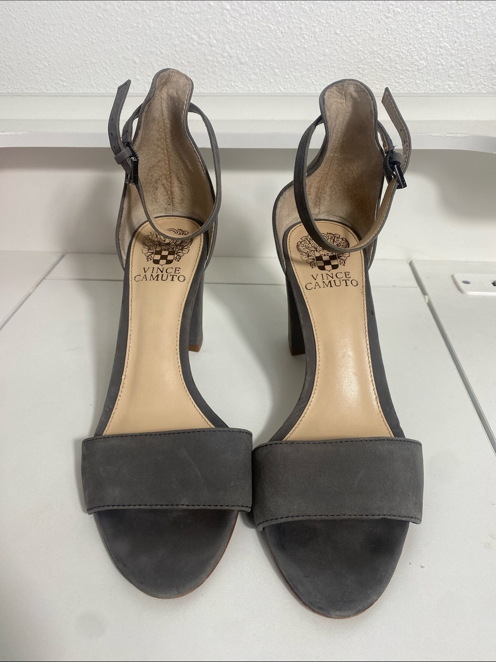 Vince Camuto Charcoal Suede Ankle-Strap Block Heels Size 7.5 M